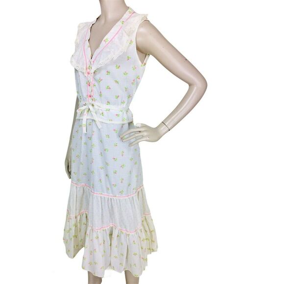 Vintage 70s White Swiss Dot Calico Floral Rose Button-Down Tiered Prairie Dress - Picture 7 of 9